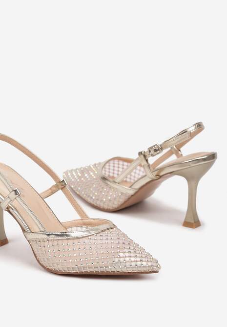 Złote Sandały na Szpilce z Odkrytą Piętą Siateczką i Cyrkoniami Arilen