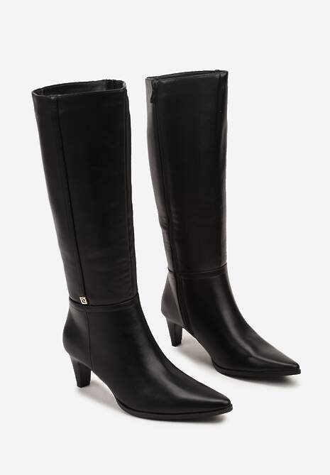 Czarne Kozaki na Stożkowym Obcasie z Metaliczną Ozdobą Naleira