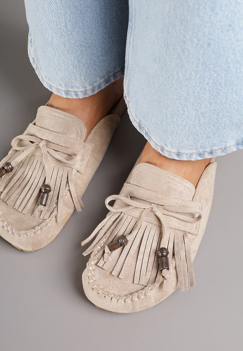 Ciemnobeżowe Klapki Ozdobione Kokardą i Frędzlami Felindrise