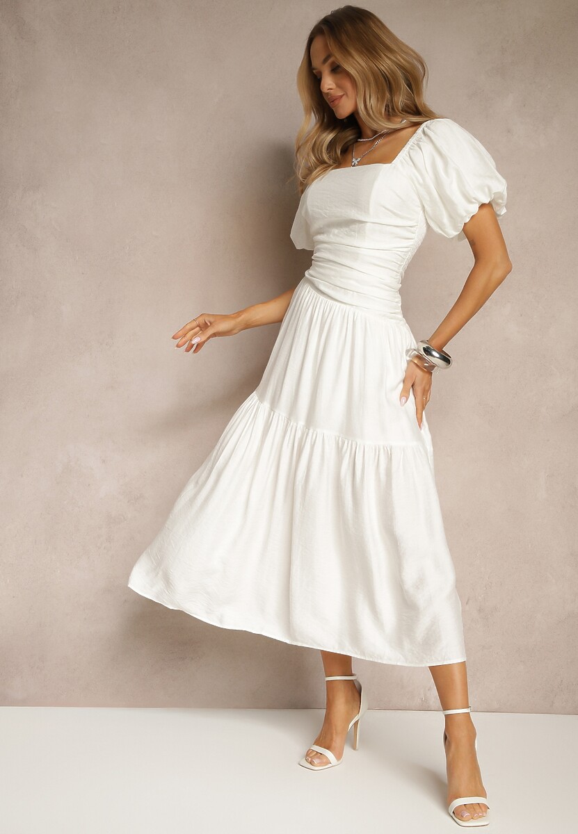 Biała Sukienka Wiskozowa Drapowana z Rozkloszowanym Dołem Naprine