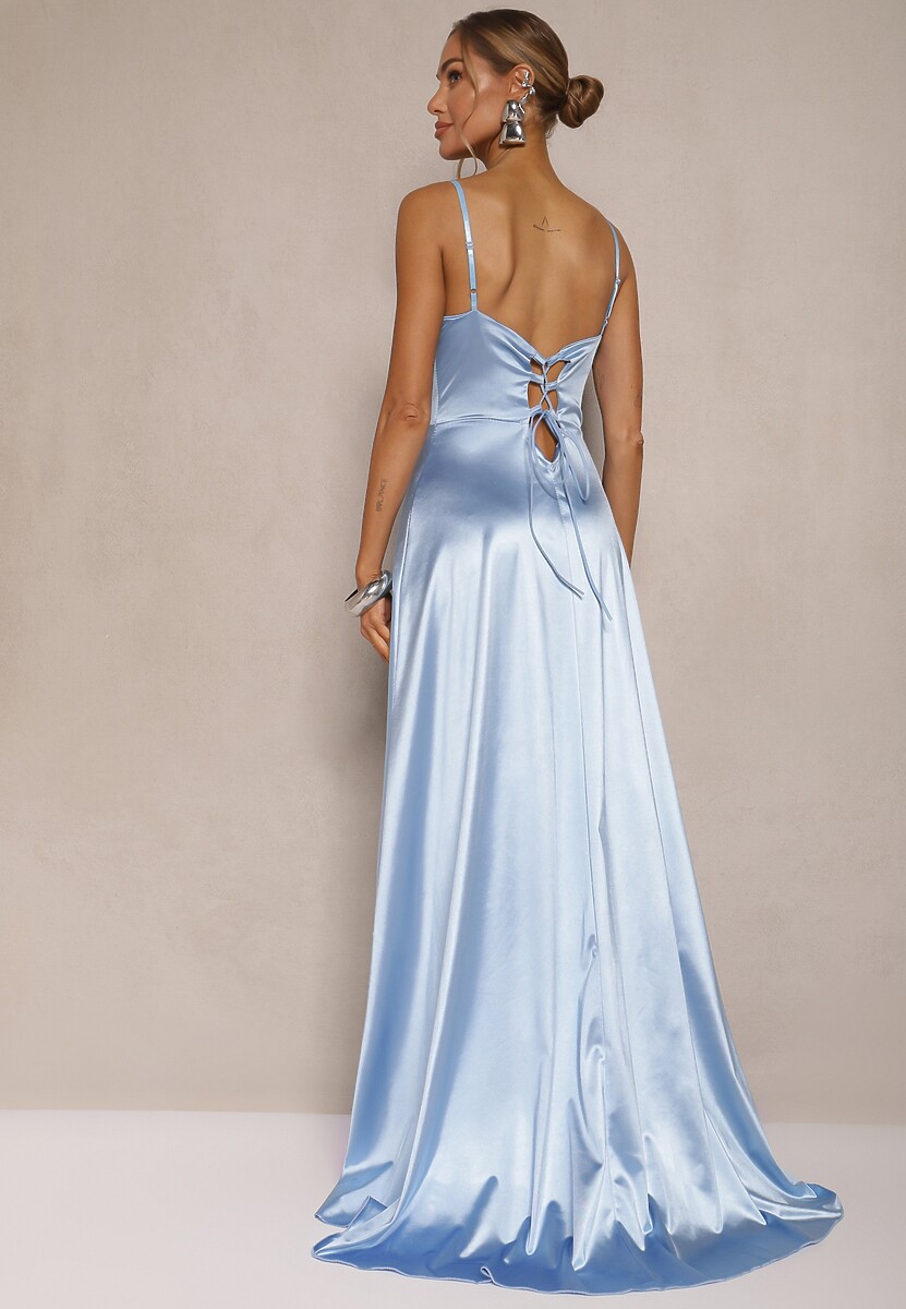 Jasnoniebieska Sukienka na Ramiączkach o Rozkloszowanym Kroju z Wiązaniem na Plecach Katirione