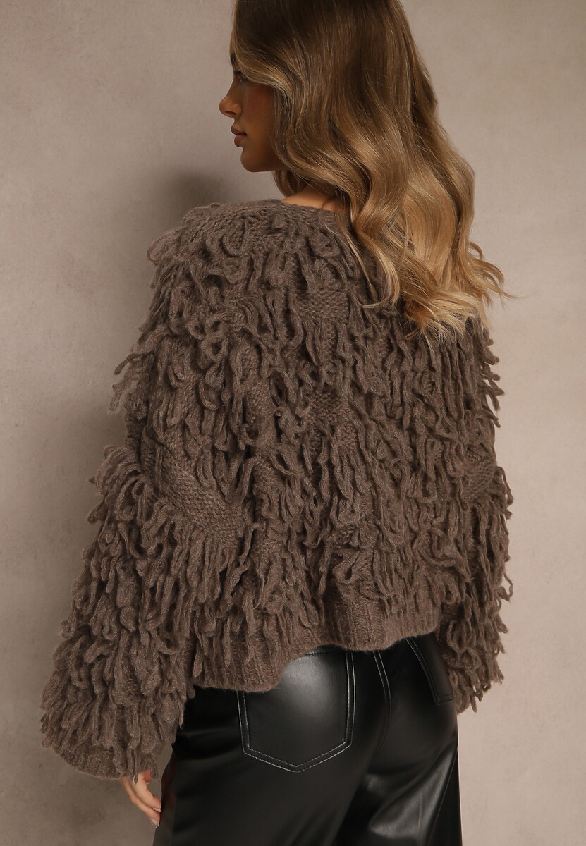 Jasnobrązowy Kardigan z Wiązaniem i Frędzlami z Domieszką Wełny i Wiskozy Tiseana