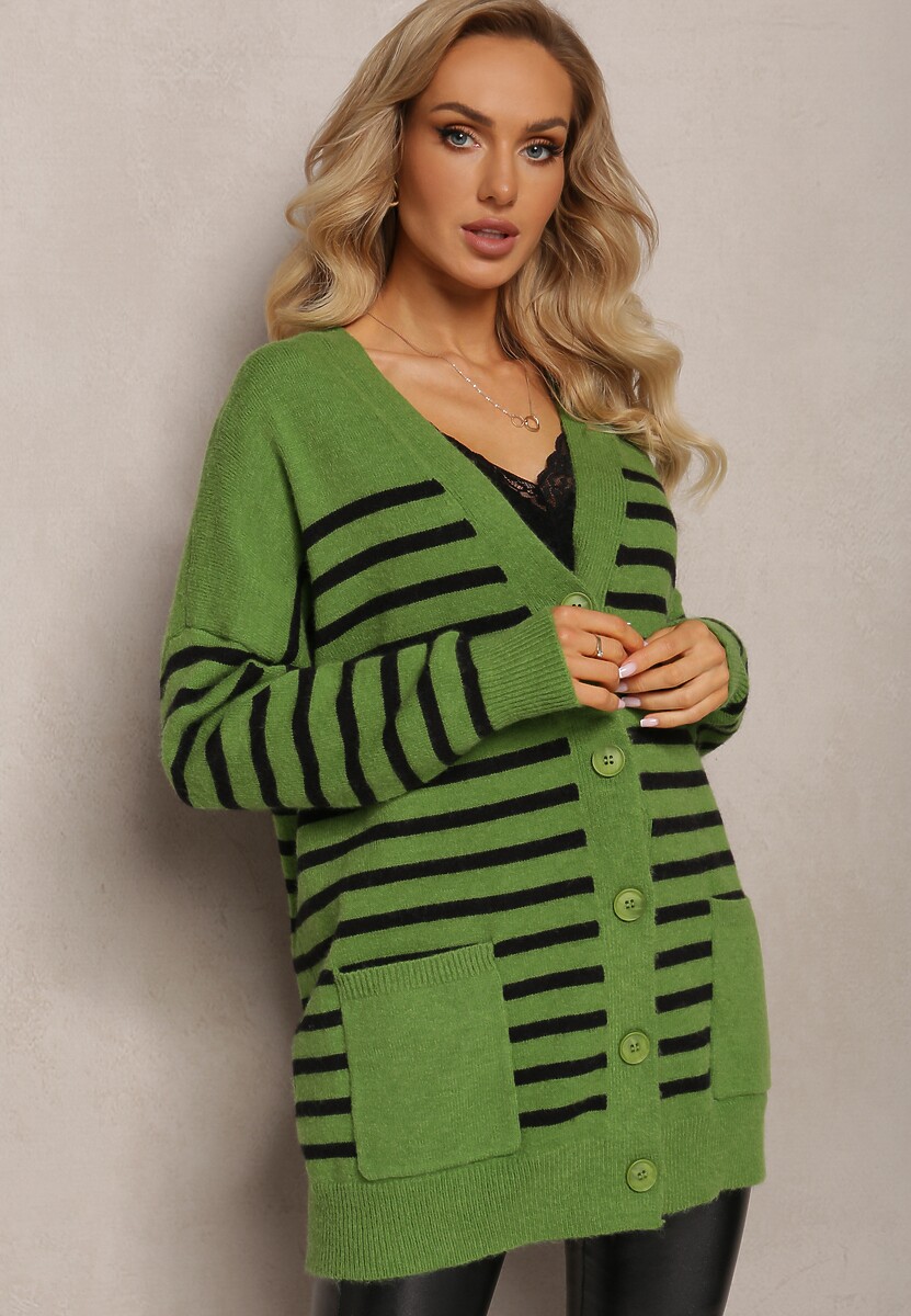 Zielony Kardigan w Paski o Wydłużonym Fasonie z Dekoltem V Zapinany na Guziki Ravime