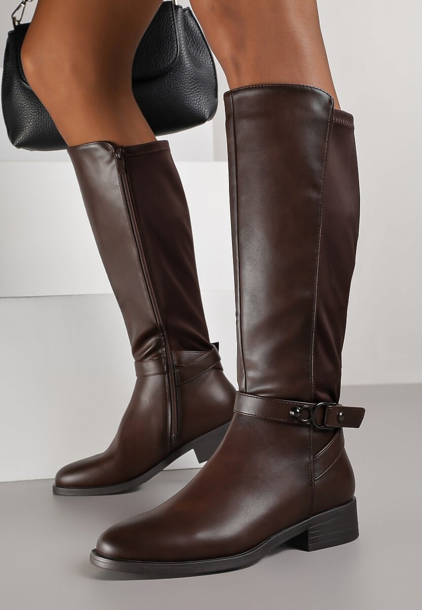 Brązowe Kozaki w Stylu Oficerek Ozdobione Klamrami Otima