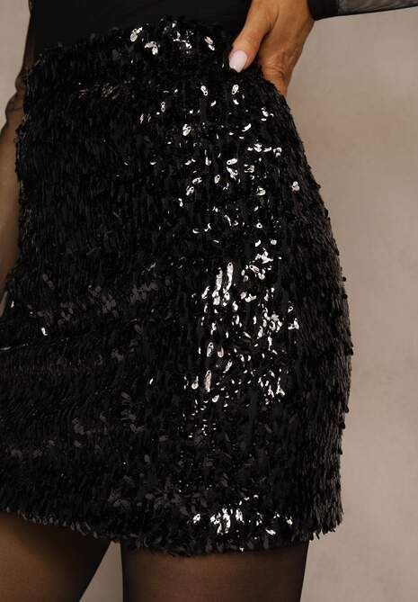 Czarna Cekinowa Dopasowana Spódnica Vetizine