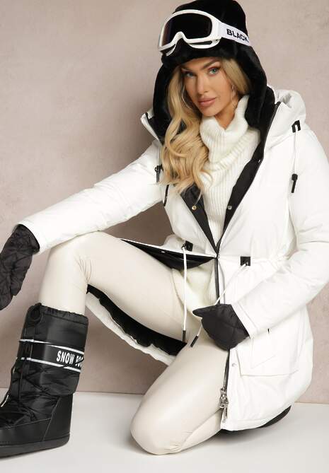 Biała Kurtka w Stylu Parki ze Ściągaczem i Kapturem Semelora