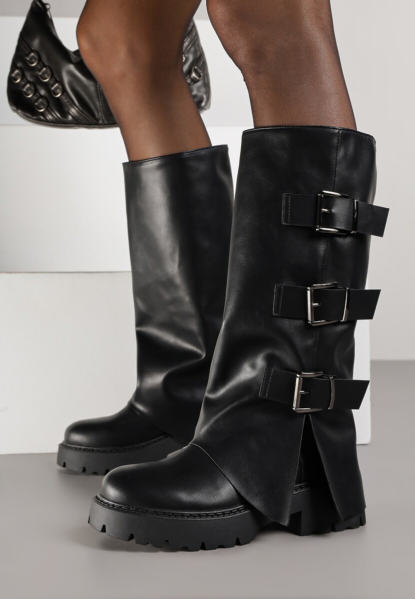 Czarne Kozaki VICES z Wywiniętą Cholewką Zdobioną Sprzączkami Anileria