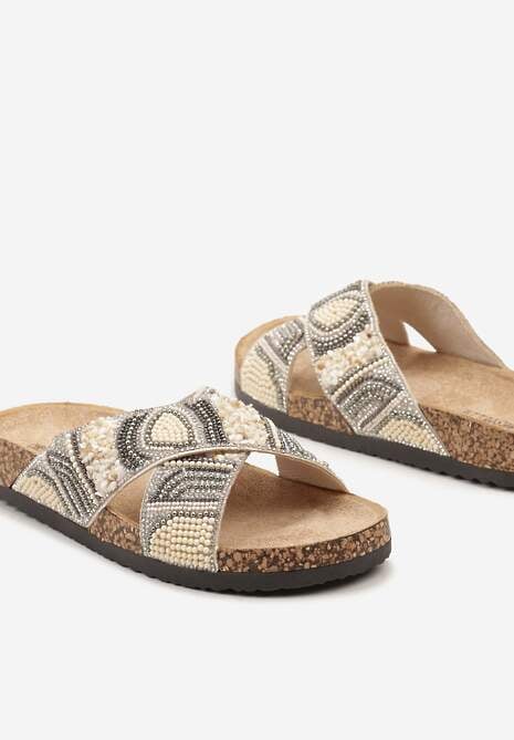 Beżowe Klapki Ozdobione Perlami i Koralikami na Korkowej Podeszwie Flonia