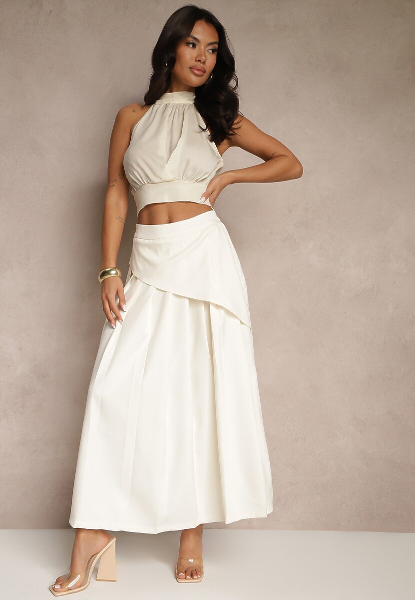 Beżowa Asymetryczna Spódnica Plisowana z Bawełną i Wiskozą Natunelia