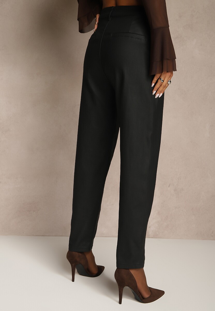 Czarne Spodnie Cygaretki High Waist z Imitacji Skóry Lanitelia