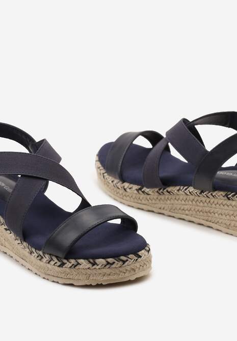 Granatowe Wsuwane Sandały na Niskim Koturnie z Jutową Plecionką Xarneli