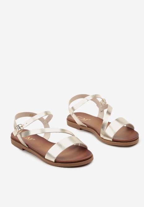 Złote Sandały na Płaskiej Podeszwie w Klasycznym Stylu ze Sprzączką Minni