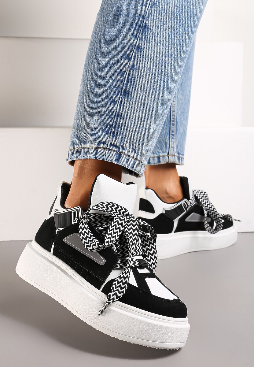 Czarno-Białe Sneakersy Na Niskiej Platformie z Szerokimi Sznurówkami we Wzorek Vidira