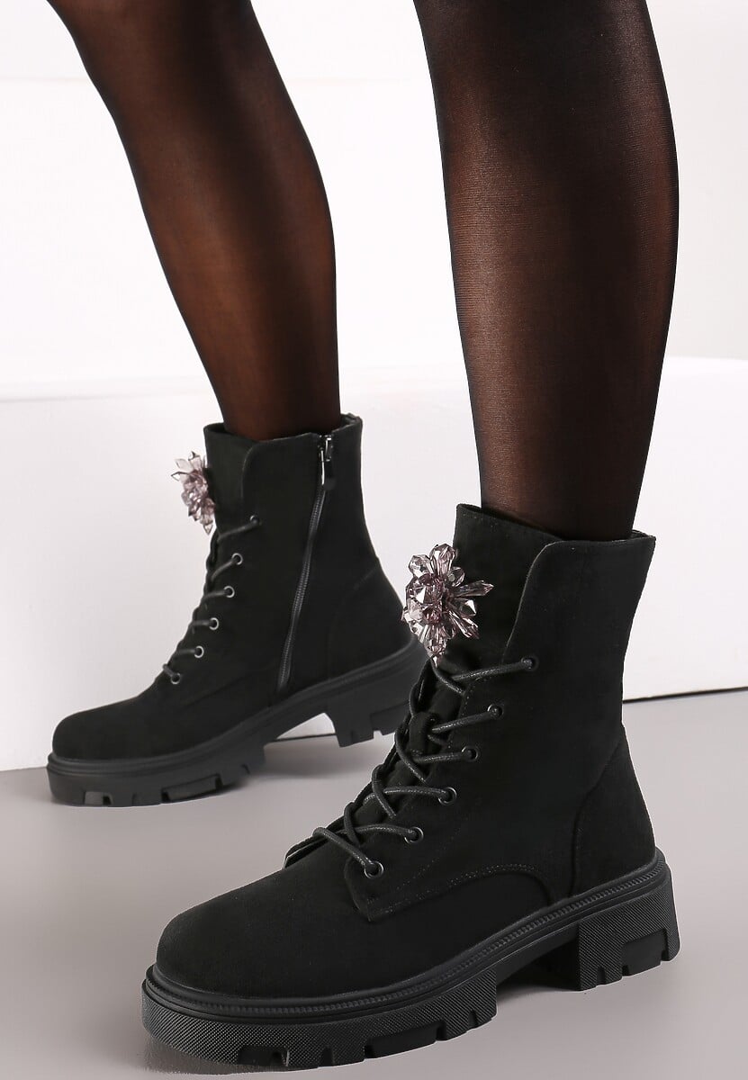 Czarne Botki Workery z Ozdobnymi Kamieniami Oriona