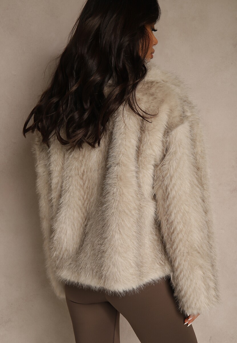 Beżowa Kurtka Futerko Ozdobione Cieniowanym Motywem Monideva