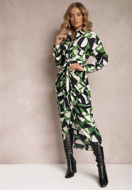 Zielona Koszulowa Sukienka Midi z Wiązanym Paskiem Elandrialia