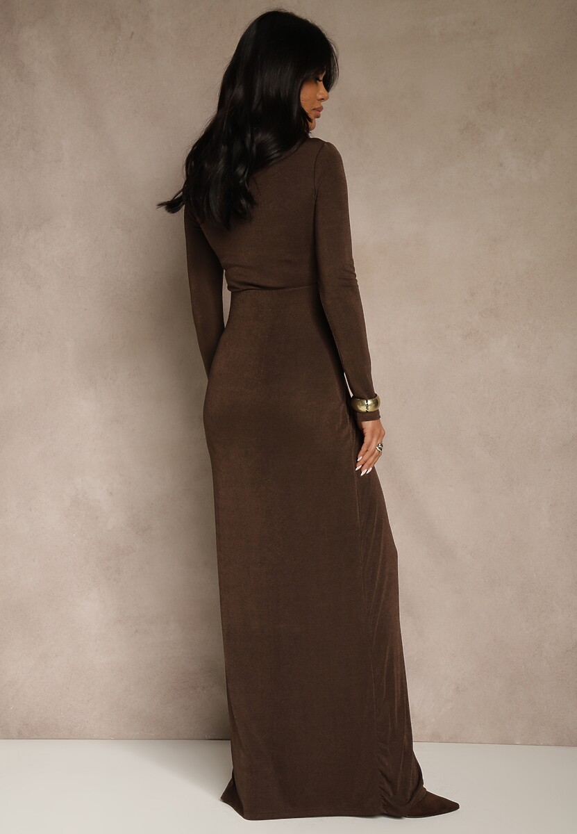 Brązowa Marszczona Sukienka Koktajlowa Zdobiona Aplikacją w Talii Siweda