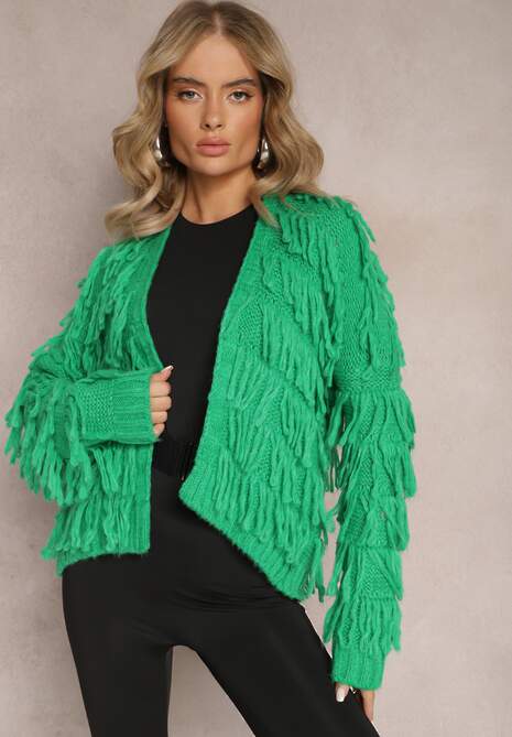 Zielony Niezapinany Kardigan z Frędzlami Segentri
