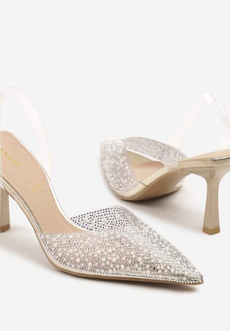 Złote Sandały Vices na Szpilce Slingback ze Skórzaną Wkładką i Cyrkoniami Ovifa