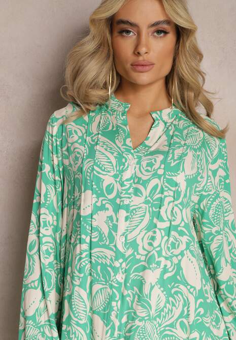 Zielona Rozkloszowana Sukienka Mini z Wiskozy w Koszulowym Stylu z Motywem Natury Berdia