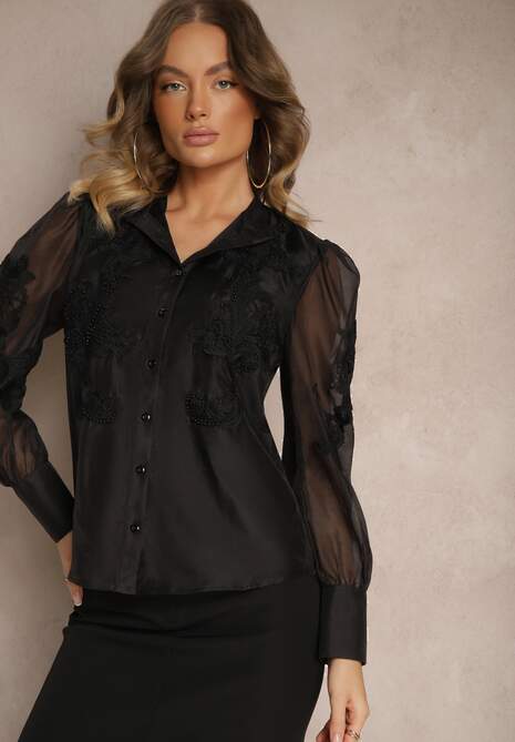 Czarna Koszula z Transparentnymi Rękawami i Koronką z Perełkami Ulani