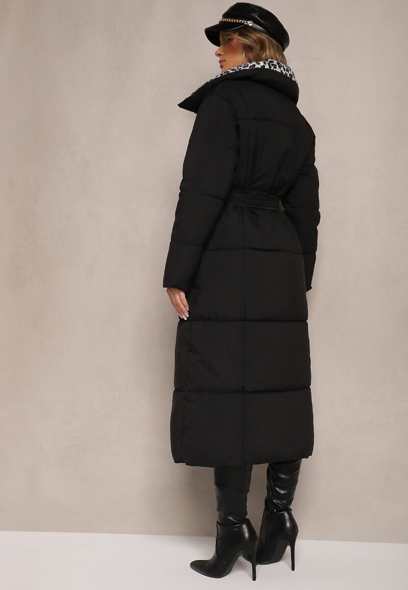 Czarno-Szara Długa Kurtka z Pikowanymi Przeszyciami i Kołnierzem w Panterkę Wiązana w Talii Tilfezi