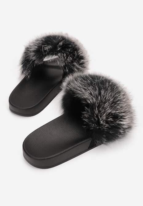 Czarno-Szare Klapki z Futrem Turtlefeather