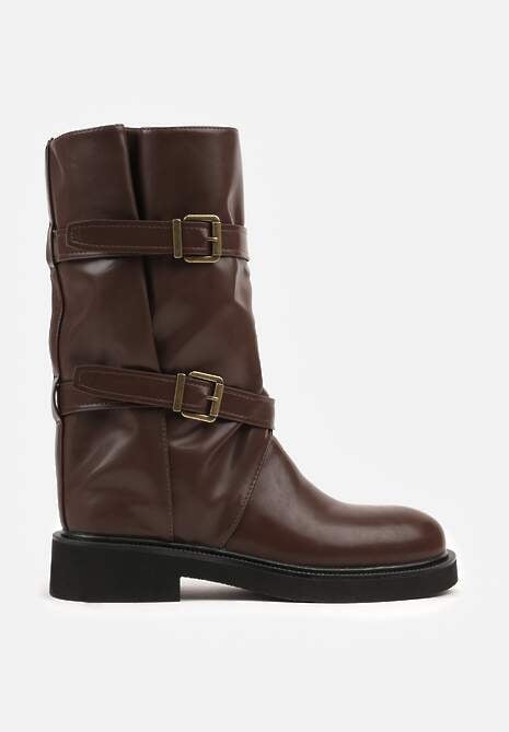 Brązowe Botki Biker Boots z Marszczoną Cholewką i Paskami ze Sprzączkami Sinesa