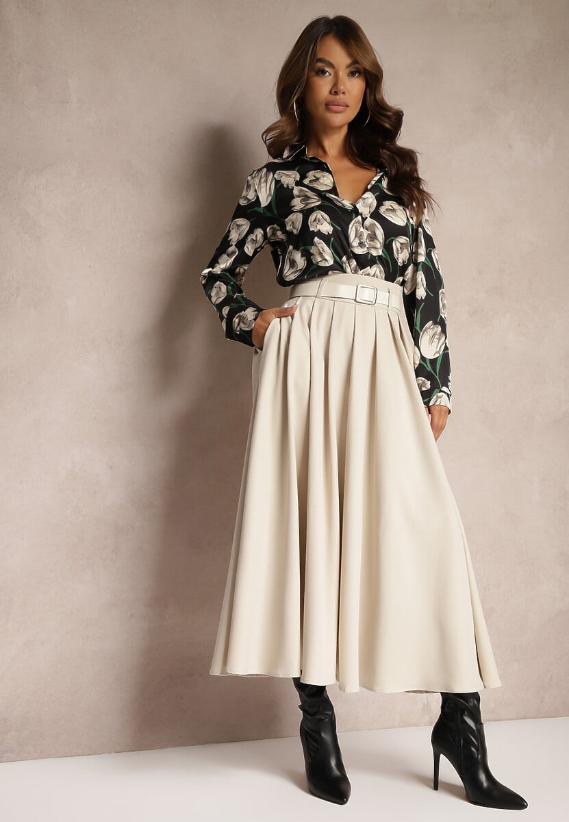 Jasnobeżowa Rozkloszowana Spódnica z Szerokimi Plisami i Paskiem z Ekoskóry Awhisa