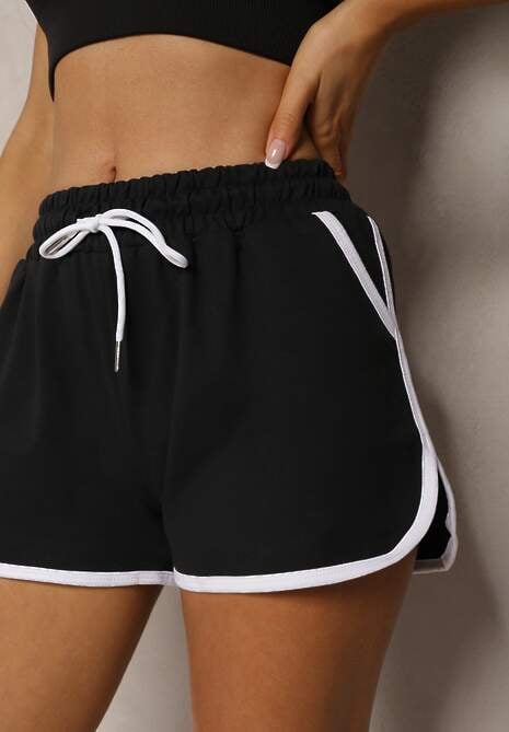 Czarne Szorty Dresowe z Dodatkiem Bawełny High Waist Wykończone Lamówką Mivorina