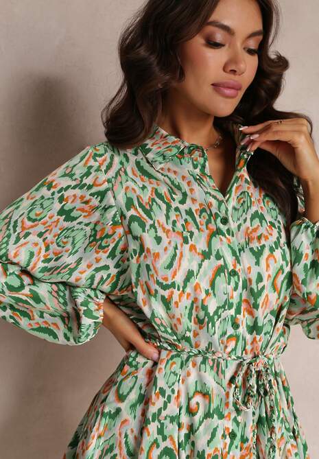 Zielona Koszulowa Sukienka Mini z Materiałowym Paskiem i Wzorzystym Wzorem Odina