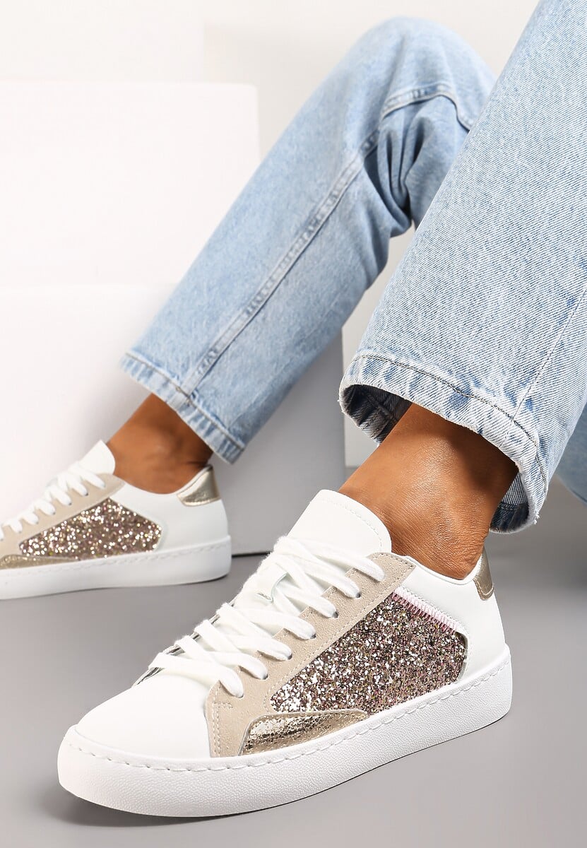 Biało-Czarne Sneakersy na Płaskiej Podeszwie z Ozdobnymi Wstawkami i Brokatem Jivina