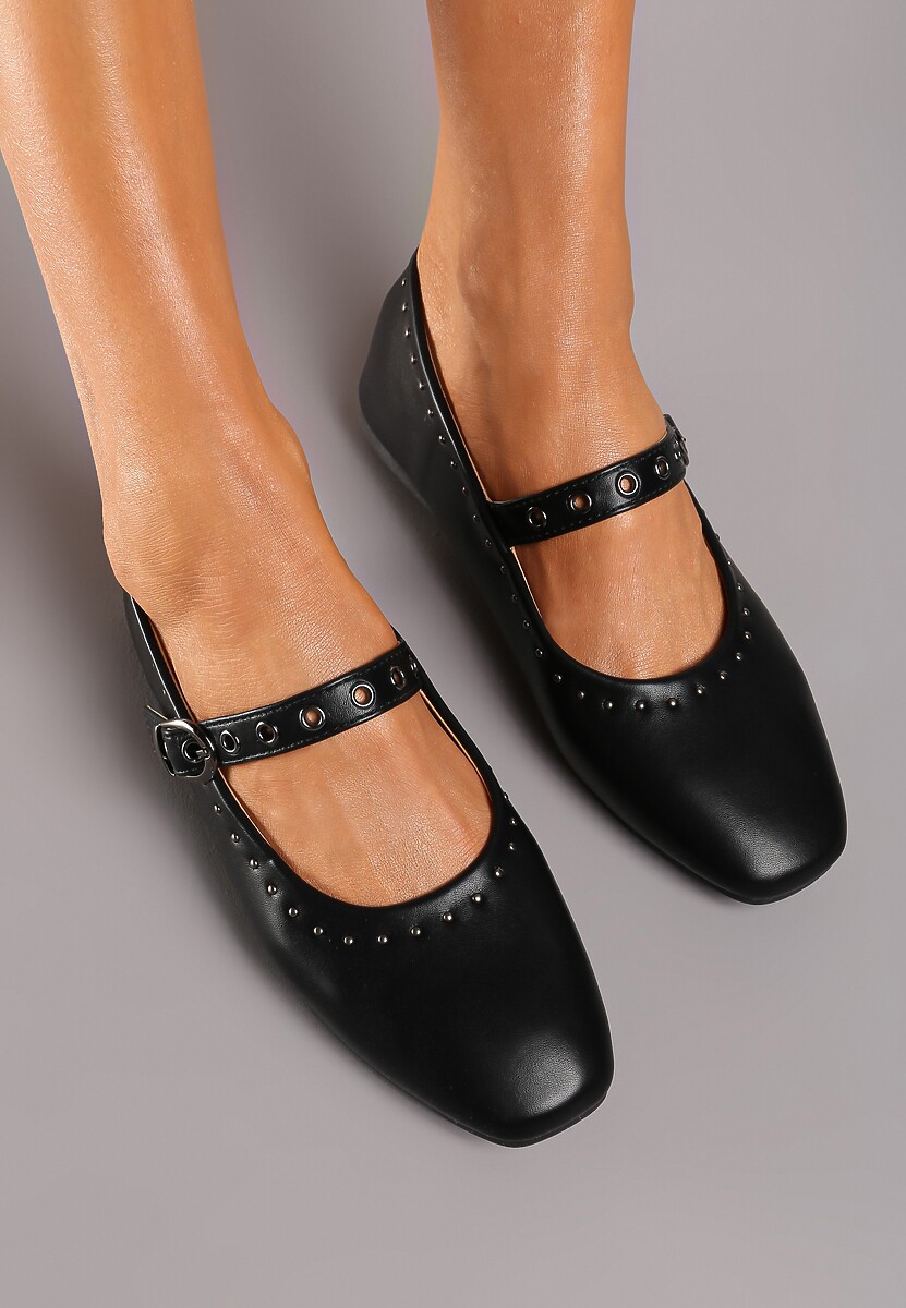Czarne Balerinki na Płaskiej Podeszwie Mary Jane z Ćwiekami Bialonna