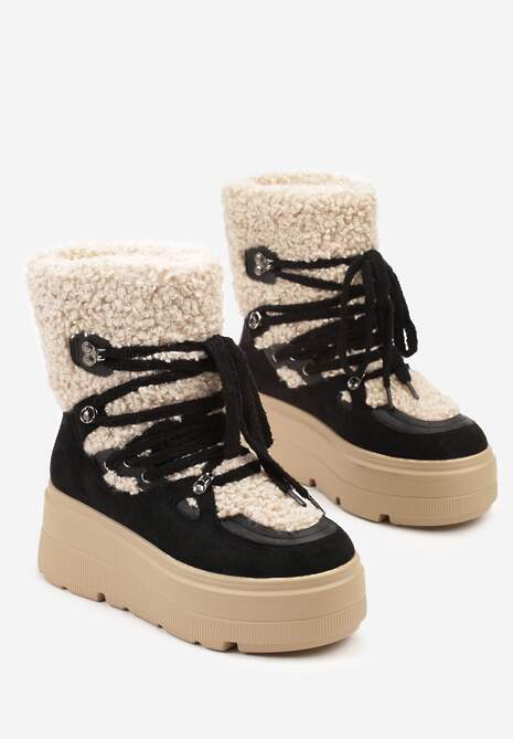 Czarne Śniegowce na Grubej Podeszwie ze Sznurowaną Cholewką z Futerkiem Zerisa