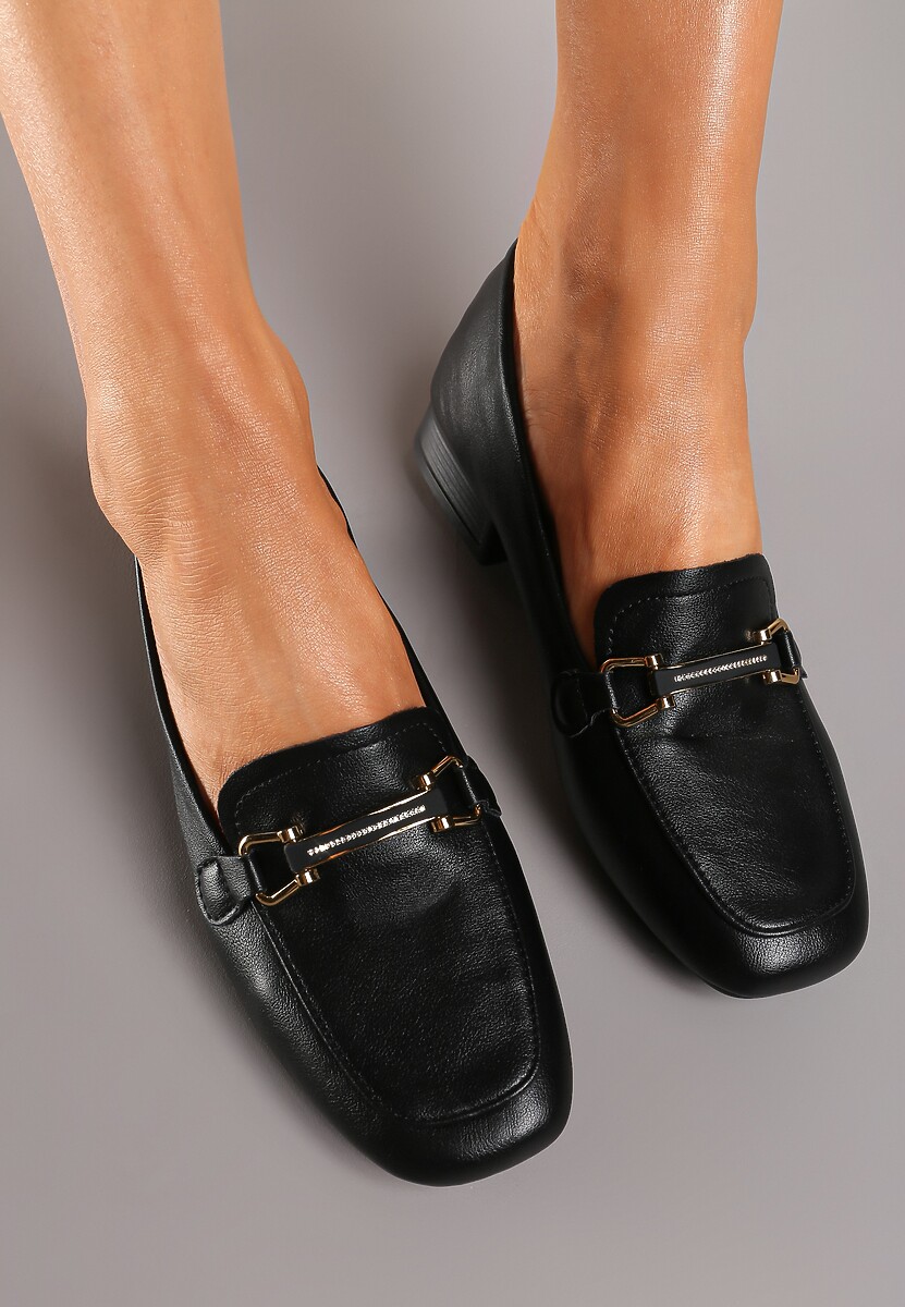 Czarne Mokasyny na Płaskim Słupku z Klamrą z Cyrkoniami Haloena