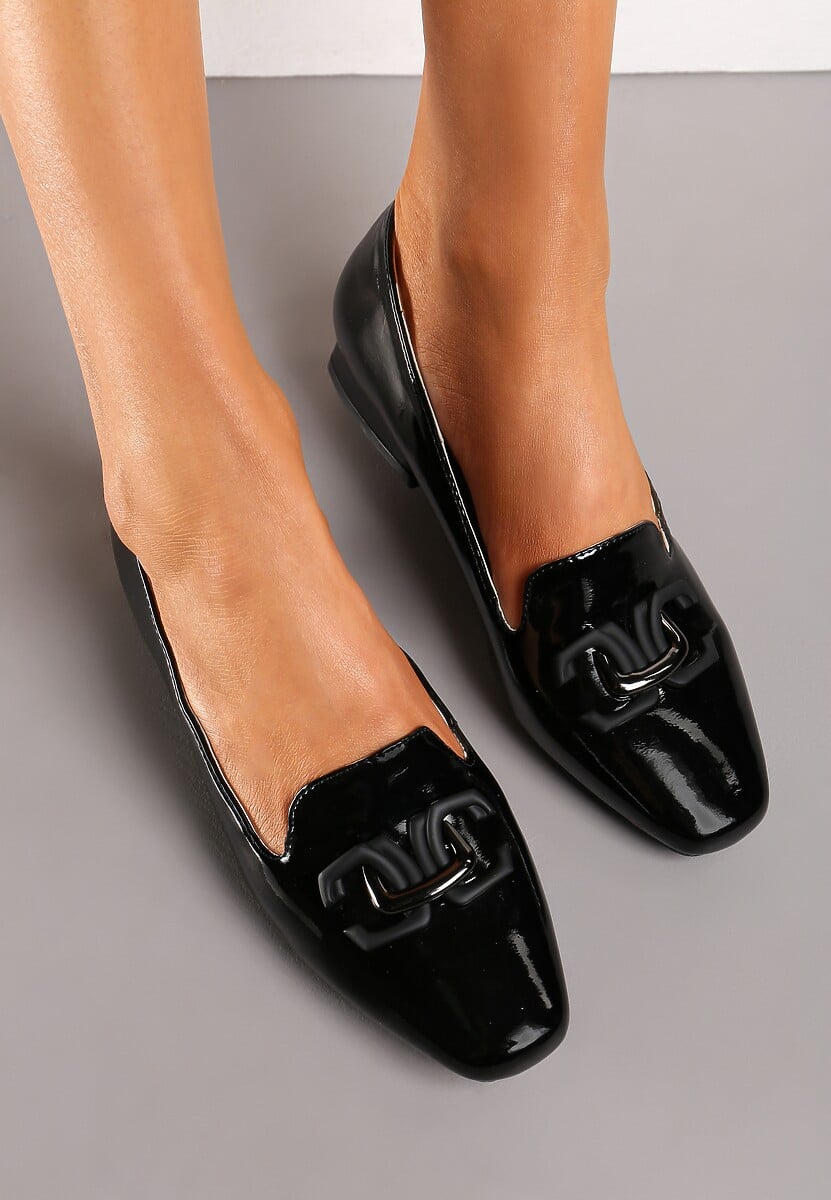 Czarne Czółenka o Lakierowanym Połysku i ze Skórzaną Wkładką na Obcasie Baeloria