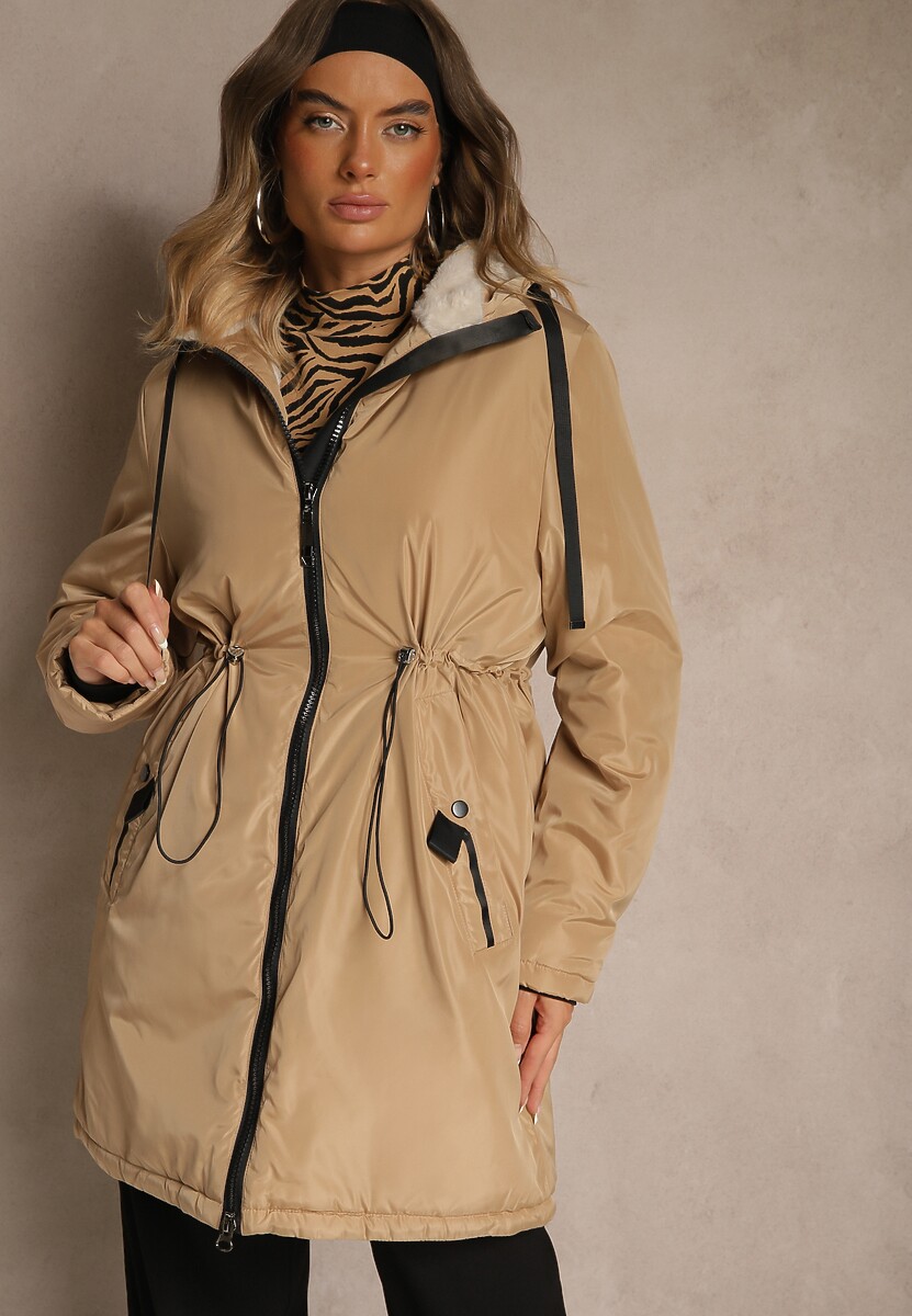 Ciemnobeżowa Kurtka Parka w Stylu Casual Ocieplana Futerkiem Olleania