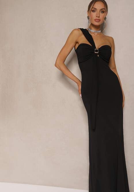 Czarna Asymetryczna Sukienka Koktajlowa Ozdobiona Metaliczną Aplikacją Divianis