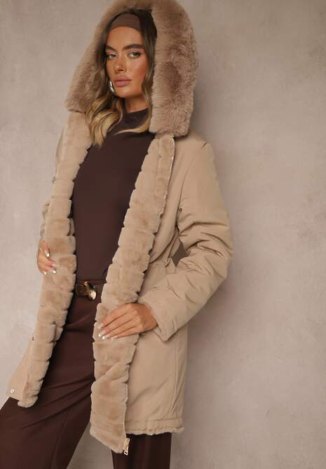 Beżowa Kurtka Parka Dwustronna z Futerkiem i Kapturem Alerisse