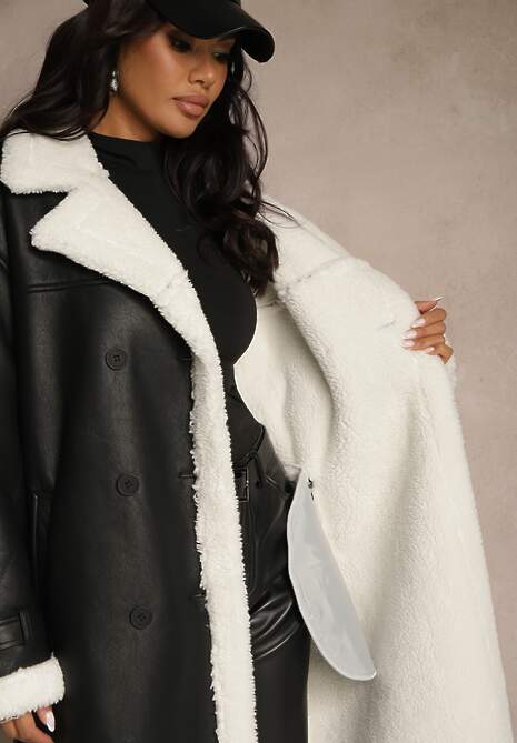 Czarny Płaszcz z Imitacji Skóry z Futerkiem o Dwurzędowym Kroju z Paskiem Zuzze