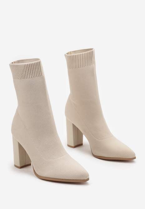 Beżowe Dopasowane Botki na Słupku ze Skarpetkową Cholewką Elarana