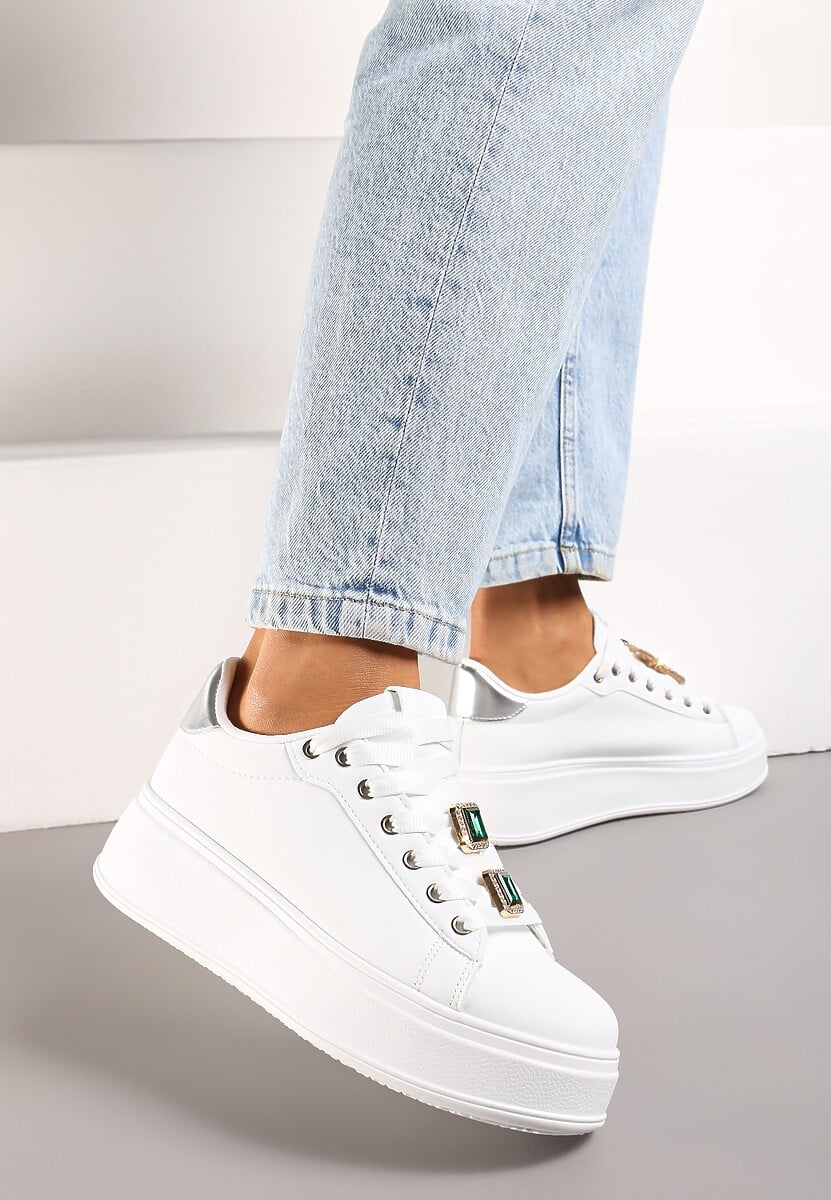 Biało-Zielone Sneakersy z Platformą i Odpinanymi Biżuteryjnymi Aplikacjami na Sznurówkach Tamaki