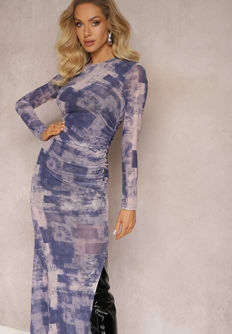 Granatowa Dopasowana Sukienka Maxi z Wycięciem Marperra