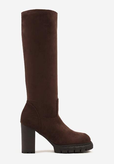 Brązowe Kozaki z Imitacji Zamszu na Obcasie Typu Słupek Rilaresa