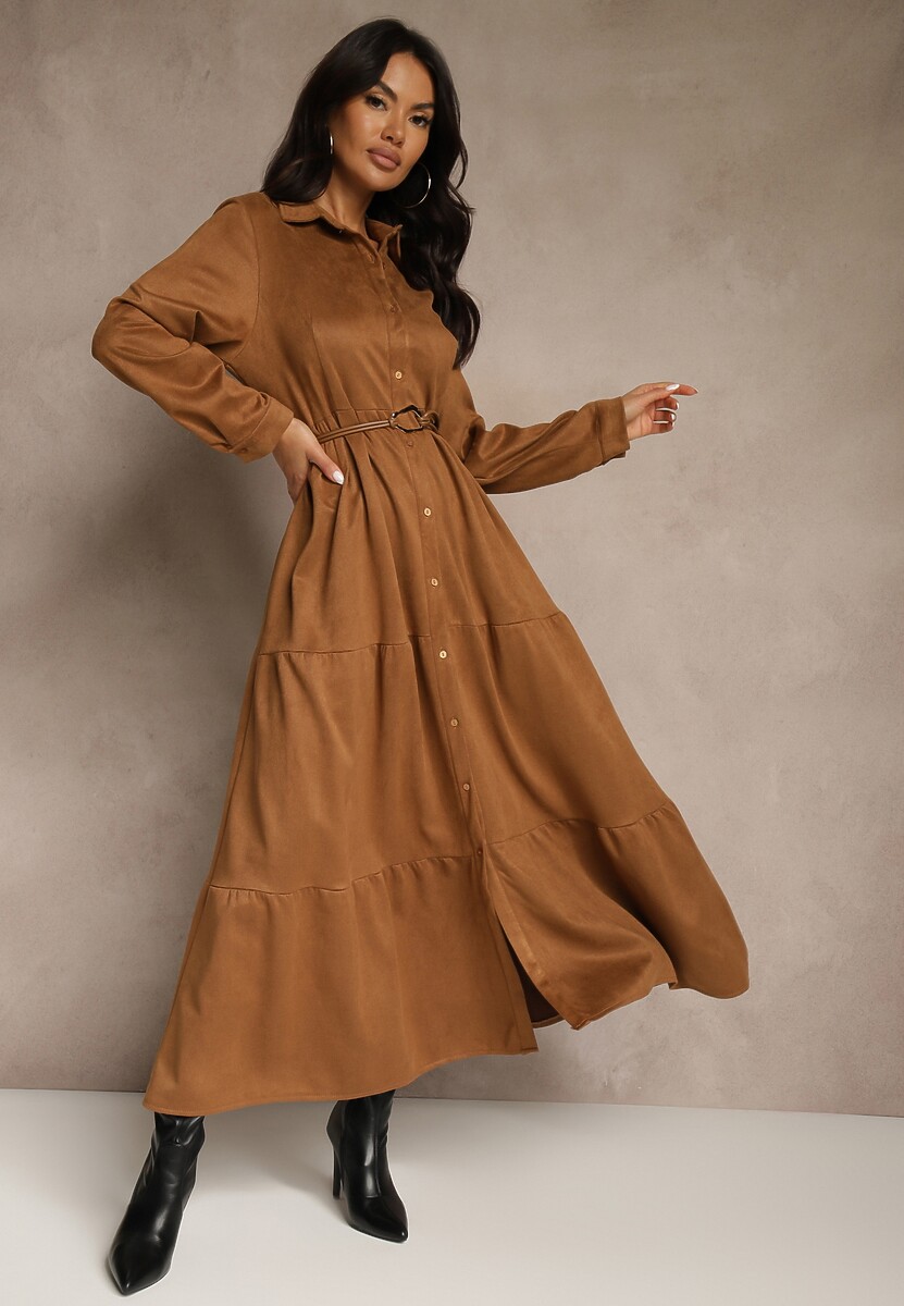 Czarna Sukienka Koszulowa z Wiskozy Ozdobiona Paskiem Retelsa