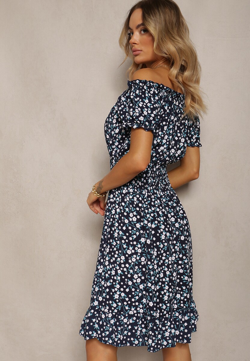 Granatowa Bawełniana Sukienka Midi Hiszpanka z Gumką w Pasie Dnise