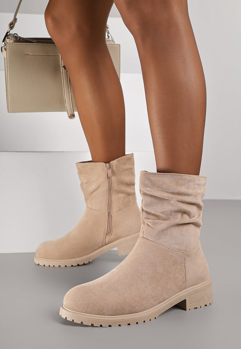 Ciemnobeżowe Botki z Imitacji Zamszu z Marszczoną Cholewką do Kostki Ilora