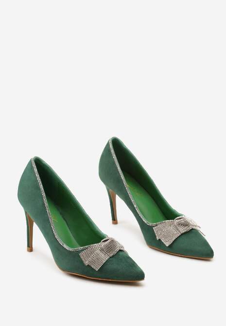 Zielone Szpilki z Cyrkoniowymi Kokardami ze Szpiczastym Noskiem Crandia