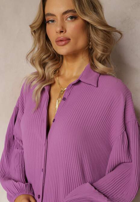 Fioletowa Plisowana Sukienka Midi z Kołnierzem i Guzikami Danitza