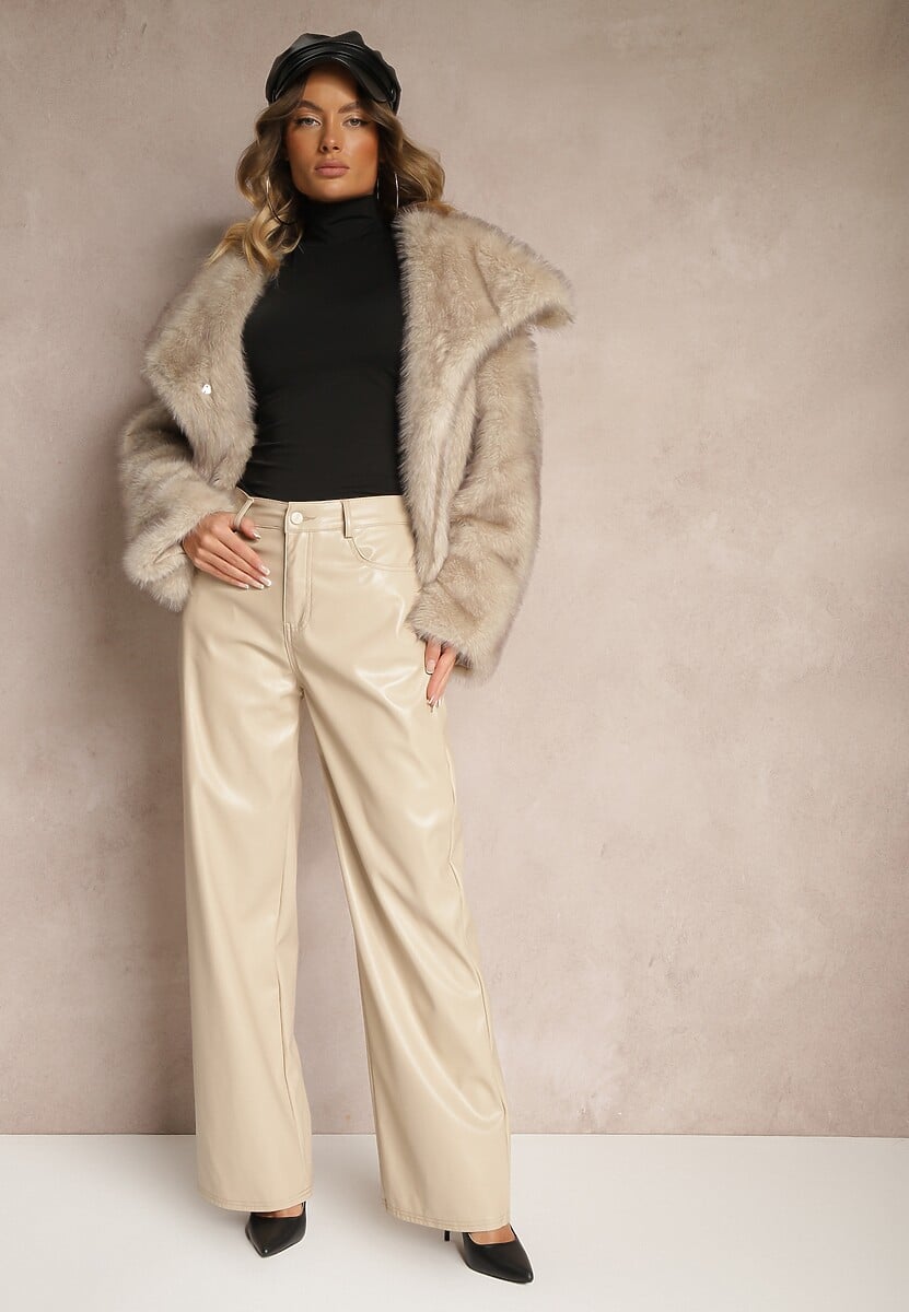 Beżowe Szerokie Spodnie High Waist z Imitacji Skóry Enawinn